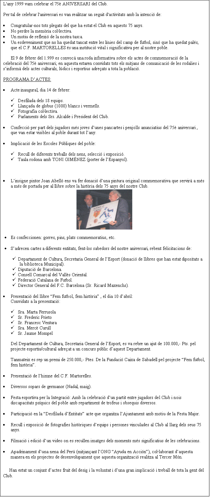 Cuadro de texto: L'any 1999 vam celebrar el 75 ANIVERSARI del Club.

Per tal de celebrar l'aniversari es van realitzar un seguit d'activitats amb la intenci de:

	Congratular-nos tots plegats del que ha estat el Club en aquests 75 anys.
	No perdre la memria collectiva.
	Un motiu de reflexi de la nostra tasca.
	Un esdeveniment que no ha quedat tancat entre les lnies del camp de futbol, sin que ha quedat pals, que el C.F. MARTORELLES s una instituci vital i significativa per al nostre poble.

El 9 de febrer del 1.999 es convoc una roda informativa sobre els actes de commemoraci de la celebraci del 75 aniversari; en aquesta estaren convidats tots els mitjans de comunicaci de les rodalies i sinform dels actes culturals, ldics i esportius adreats a tota la poblaci.

PROGRAMA DACTES:

	Acte inaugural, dia 14 de febrer:

	Desfilada dels 18 equips.
	Llanada de globus (1000) blancs i vermells.
	Fotografia collectiva.
	Parlaments dels Srs. Alcalde i President del Club.

	Confecci per part dels jugadors ms joves dunes pancartes i penjolls anunciatius del 75 aniversari , que van estar visibles al poble durant tot lany.

	Implicaci de les Escoles Pbliques del poble:

	Recull de diferents treballs dels nens, selecci i exposici.
	Taula rodona amb TONI GIMNEZ (porter de lEspanyol).



	Linsigne pintor Joan Abell ens va fer donaci duna pintura original commemorativa que servir a ms a ms de portada per al llibre sobre la histria dels 75 anys del nostre Club.
 

	Es confeccionen: gorres, pins, plats commemoratius, etc.

	Sadrecen cartes a diferents entitats, fent-los sabedors del nostre aniversari, rebent felicitacions de:

	Departament de Cultura, Secretaria General de lEsport (donaci de llibres que han estat dipositats a la biblioteca Municipal).
	Diputaci de Barcelona.
	Consell Comarcal del Valls Oriental.
	Federaci Catalana de Futbol.
	Director General del F.C. Barcelona (Sr. Ricard Maxenchs).

	Presentaci del llibre Fem futbol, fem histria , el dia 10 dabril:
Convidats a la presentaci:

	Sra. Marta Ferrusola
	Sr. Frederic Prieto
	Sr. Francesc Ventura
	Sra. Merc Curull
	Sr. Jaume Mompel

Del Departament de Cultura, Secretaria General de lEsport, es va rebre un ajut de 100.000,- Pts. pel projecte esportiu/cultural adreat a un concurs pblic daquest Departament.

Tanmateix es rep un premi de 250.000,- Ptes. De la Fundaci Caixa de Sabadell pel projecte Fem futbol, fem histria.

	Presentaci de lhimne del C.F. Martorelles.

	Diversos sopars de germanor (Nadal, maig).

	Festa esportiva per la Integraci: Amb la celebraci dun partit entre jugadors del Club i nois discapacitats psquics del poble amb repartiment de trofeus i obsequis diversos.

	Participaci en la Desfilada dEntitats acte que organitza lAjuntament amb motiu de la Festa Major.

	Recull i exposici de fotografies histriques dequips i persones vinculades al Club al llarg dels seus 75 anys.

	Filmaci i edici dun video on es recullen imatges dels moments ms significatius de les celebracions.

	Apadrinament duna nena del Per (mitjanant lONG Ayuda en Accin), collaborant daquesta manera en els projectes de desenvolupament que aquesta organitzaci realitza al Tercer Mn.

Han estat un conjunt dactes fruit del desig i la voluntat i duna gran implicaci i treball de tota la gent del Club.
